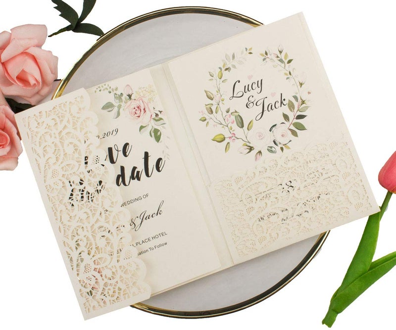 Lucky Star 25 sets Vinatge Pearl Ivory Tri Fold Wedding Invitations Cards With Envelopes Inserts for Bridal Shower Birthday 5X7 - Image 1